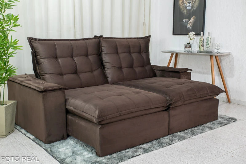 Sofá Retrátil Reclinável Atenas 2.10m Veludo Marrom D33 e Molas Ensacadas - Móveis furniture