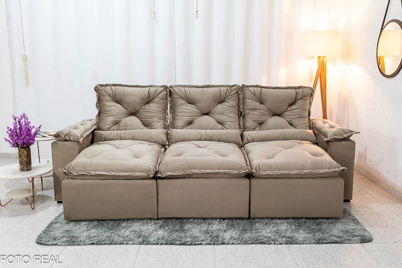 Sofá Retrátil Reclinável 2.70m Texas Veludo Bege - Móveis furniture