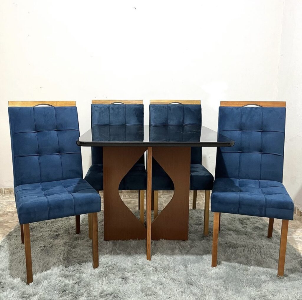 Mesa Madri 120×80 Cinamono/Preto com 4 Cadeiras Sophia/Capri Veludo Azul – - Móveis furniture