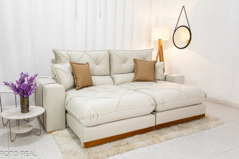 Sofá Retrátil Reclinável 2.30m Gran Bello Veludo Bege - D33 e Molas Ensacadas - Móveis furniture
