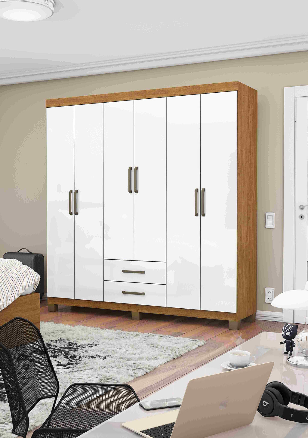 Roupeiro Aires Gold 6P2G com Pes Cinamomo.Branco - Móveis furniture