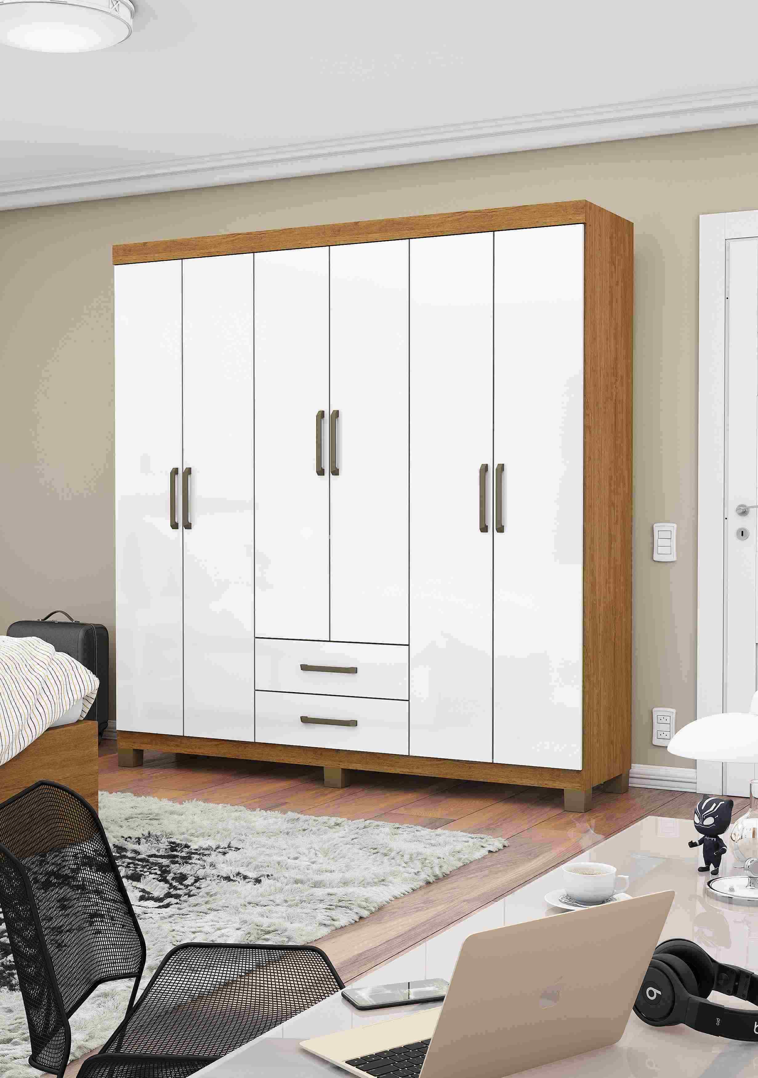 Roupeiro Aires Gold 6P2G com Pes Cinamomo.Branco - Móveis furniture