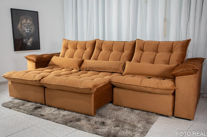Sofá Retrátil Reclinável Kapri 3.20 Veludo Terracota 585 - Molas Bonnel e Poliéster Siliconado - Móveis furniture