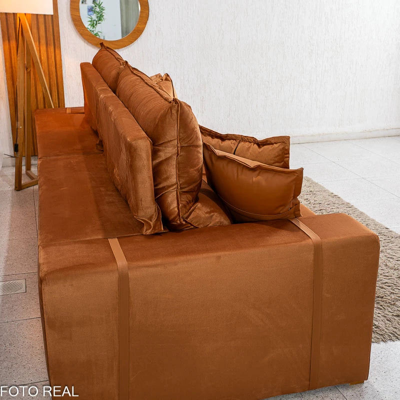 Sofá Retrátil Reclinável Gran Bello 2.90m Veludo Terracota 24 - Molas Ensacadas