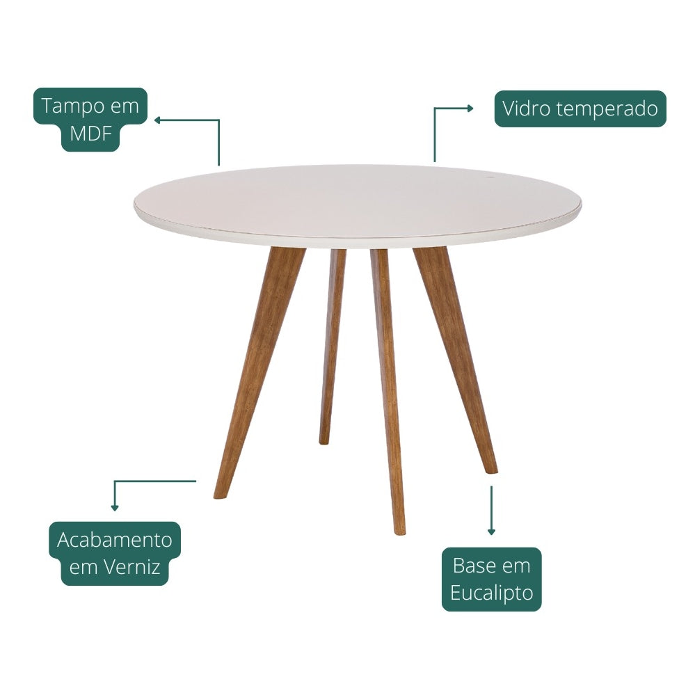 Mesa Redonda Acerola 109 (C/Vidro) Madeira/Off White – CIMOL