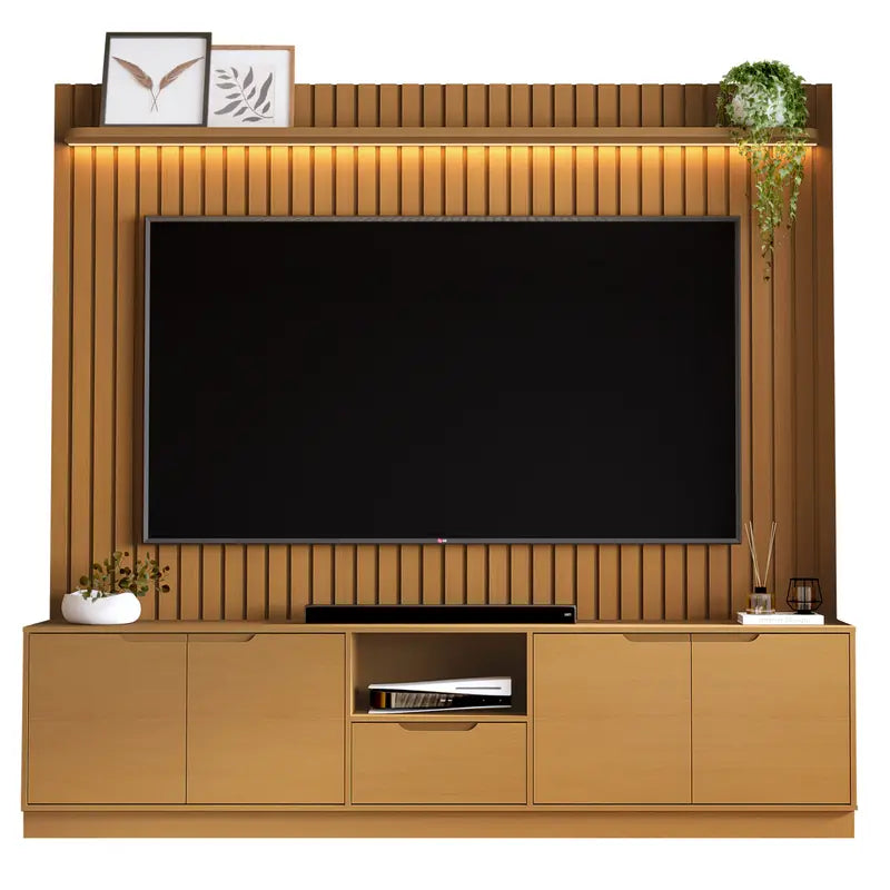 Rack com Painel Tucuma Ripado 230cm com Prateleira e Led 4 Portas 1 Gaveta Jb Bechara