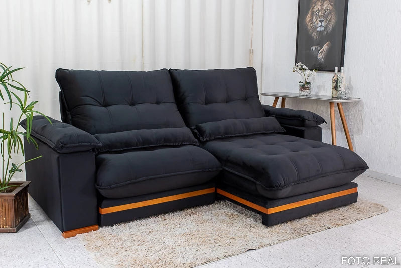 Sofá Retrátil Reclinável Ibis 2.30m Veludo Preto 820 - D33 e Molas Ensacadas - Móveis furniture
