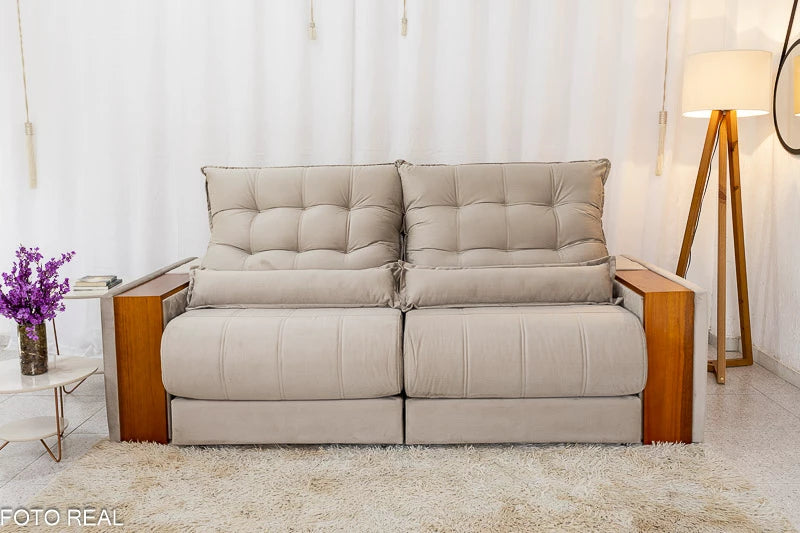 Sofá Retrátil Reclinável 2.30m Gênova Veludo Bege  - Molas Ensacadas