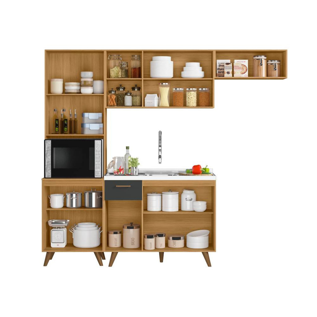 Armário Cozinha Olinda Ripado 3D 4 Peças Paneleiro + Aéreo 1.20m + Balcão e Aéreo de Geladeira Freijó/Grafite Poliman