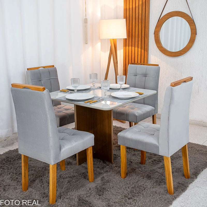 Mesa de Jantar Moscou 90x90 Cinamomo/Off Tampo Vidro Off 4 Cadeiras Londres Veludo Prata Madeira Maciça Minas Plac -
