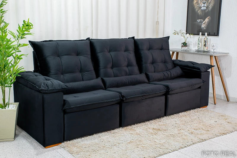 Sofá Retrátil Reclinável Madri 2.70m Veludo Preto - Móveis furniture