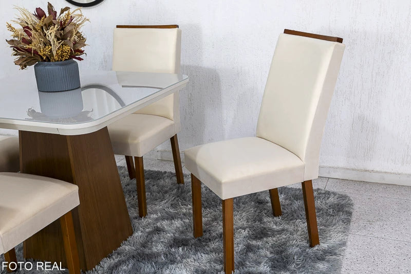 Mesa Jantar Luna Imbuia Tampo Vidro Off Canto Copo 90×90 4 Cadeiras Lunara Veludo Creme Madeira Maciça Rufato - Móveis furniture