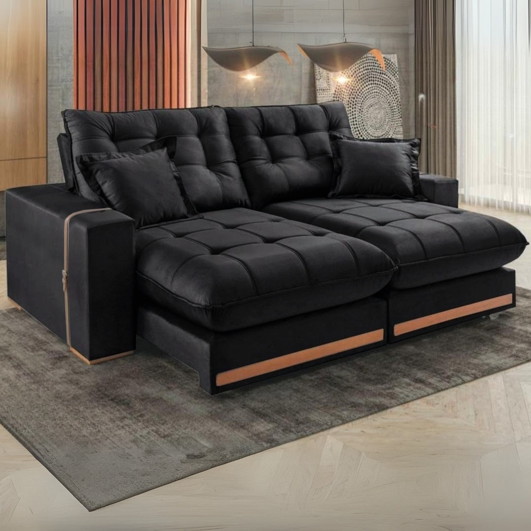 Sofá Retrátil e Reclinável Ártemis 017 2,50 m Veludo Preto – VICAM ESTOFADOS