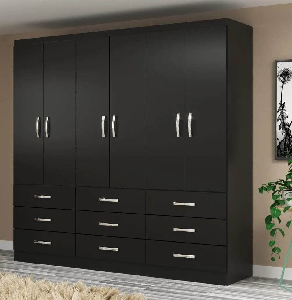 Guarda-Roupa Casal Bergamo 6 Portas 9 Gavetas Preto - Evidencia Móveis - Móveis furniture